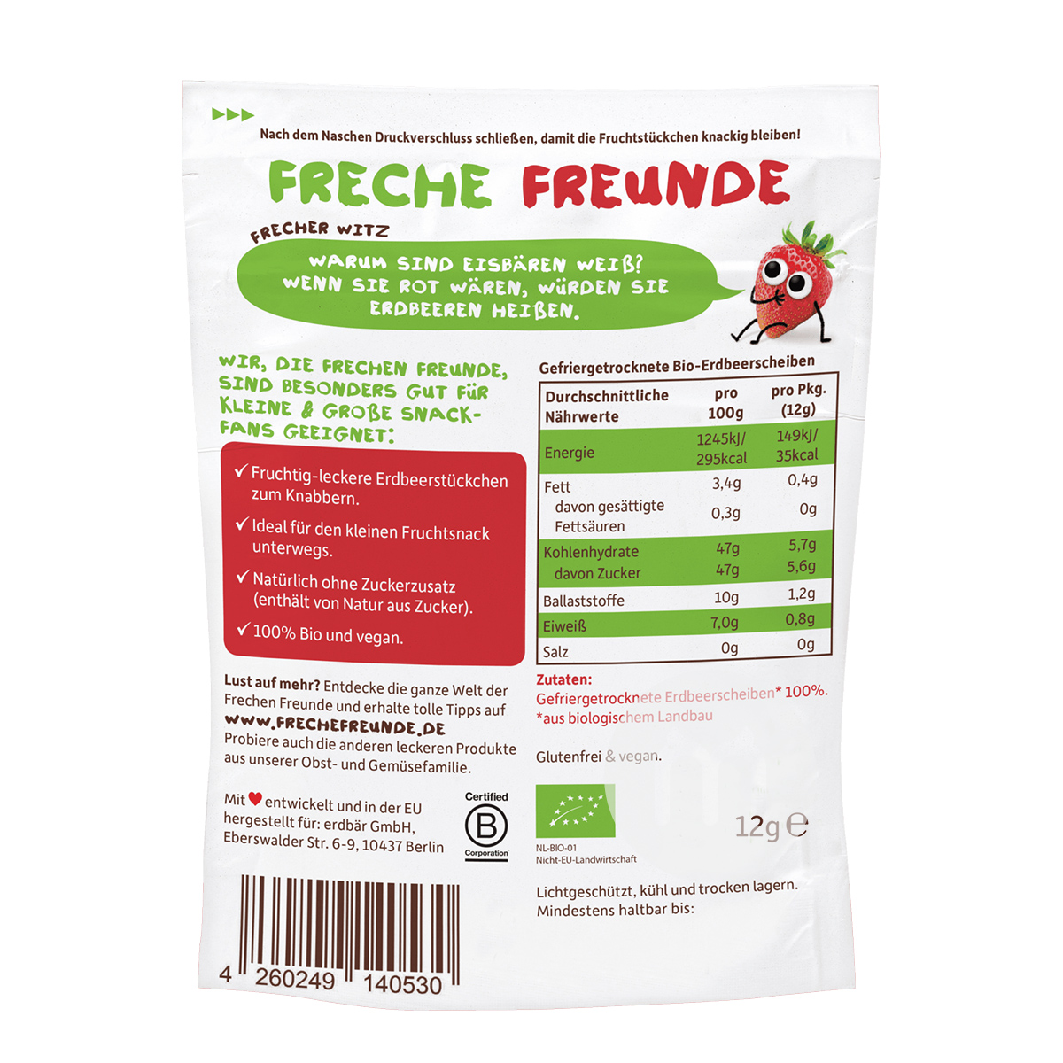 [4 pieces]Erdbar German 100% Organic Dried Fruit Dried Strawberry