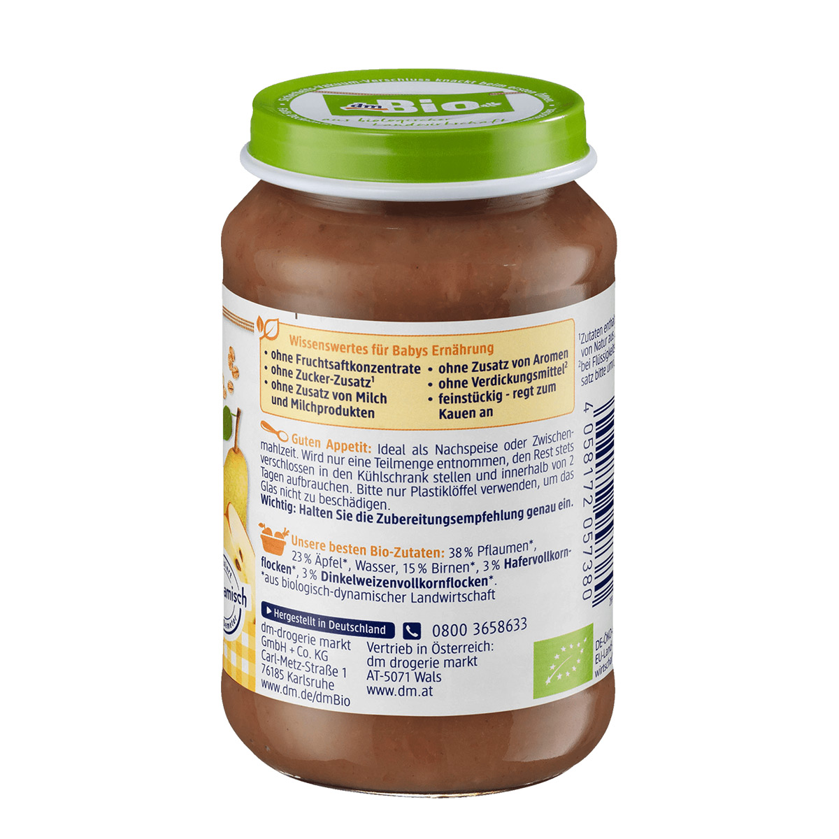 DmBio German Organic Apple Pear Prune Grain Mix Puree over 8 months old