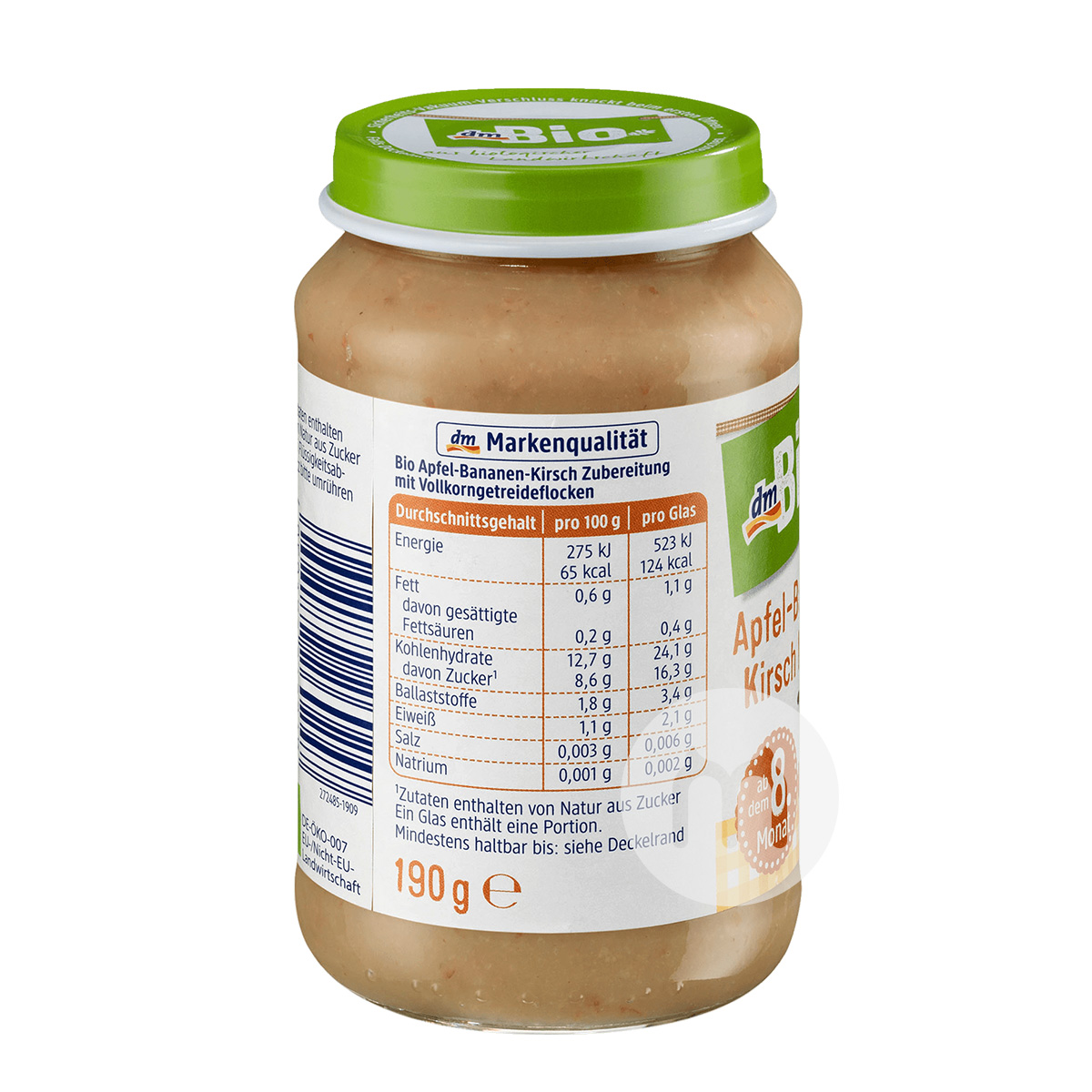 DmBio German Organic Banana Cherry Whole Wheat Cereal Mix Puree over 8 months old