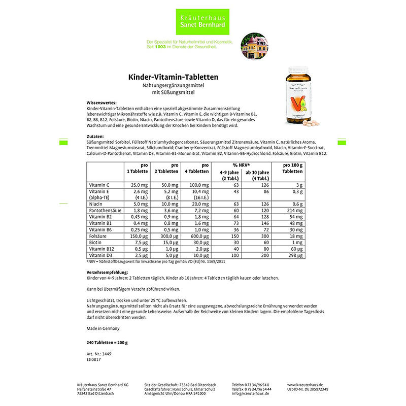 Sanct Bernhard German Children's Vitamin Chewable Tablets
