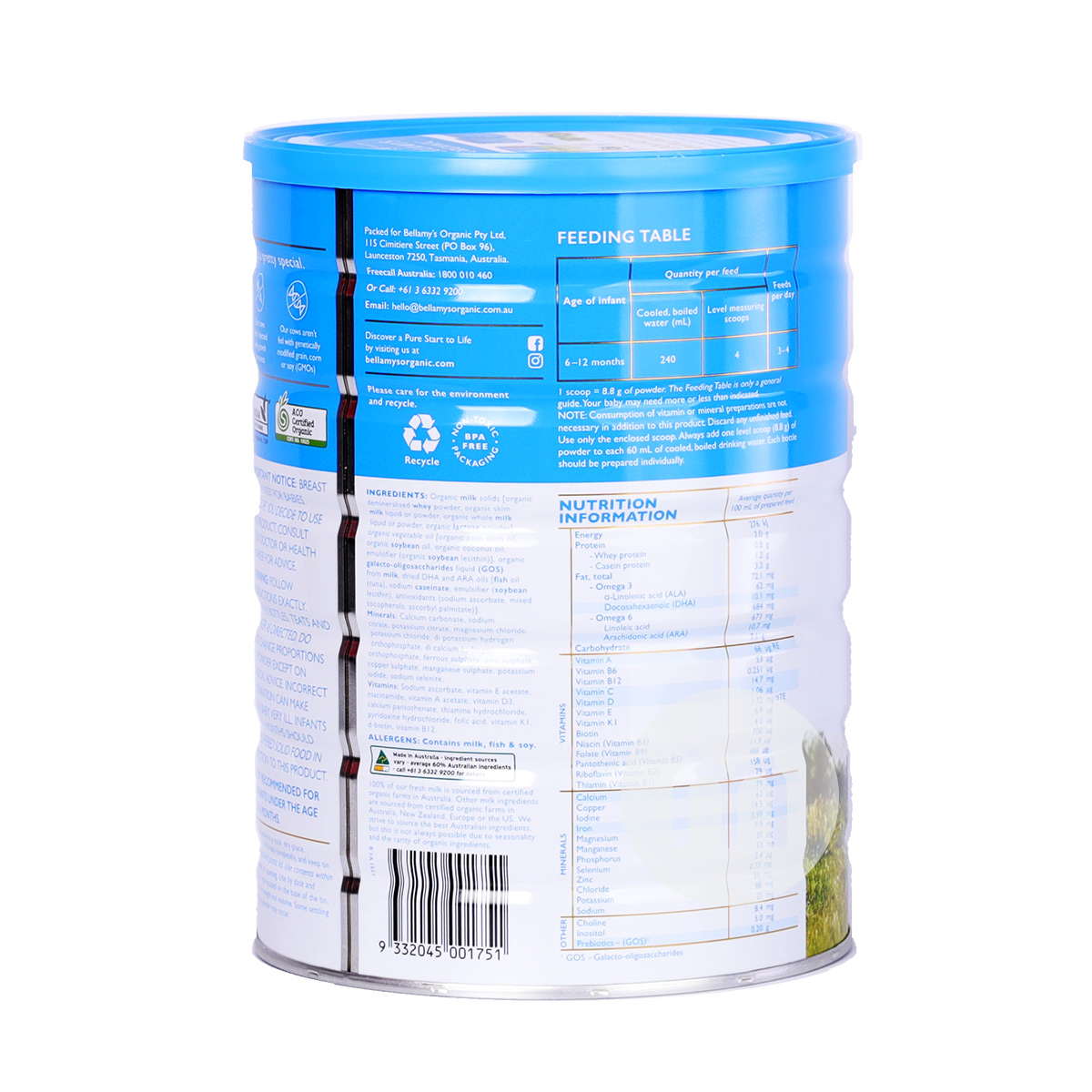 BELLAMY'S Australian Organic Infant Formula 2 stages 900g * 6 cans