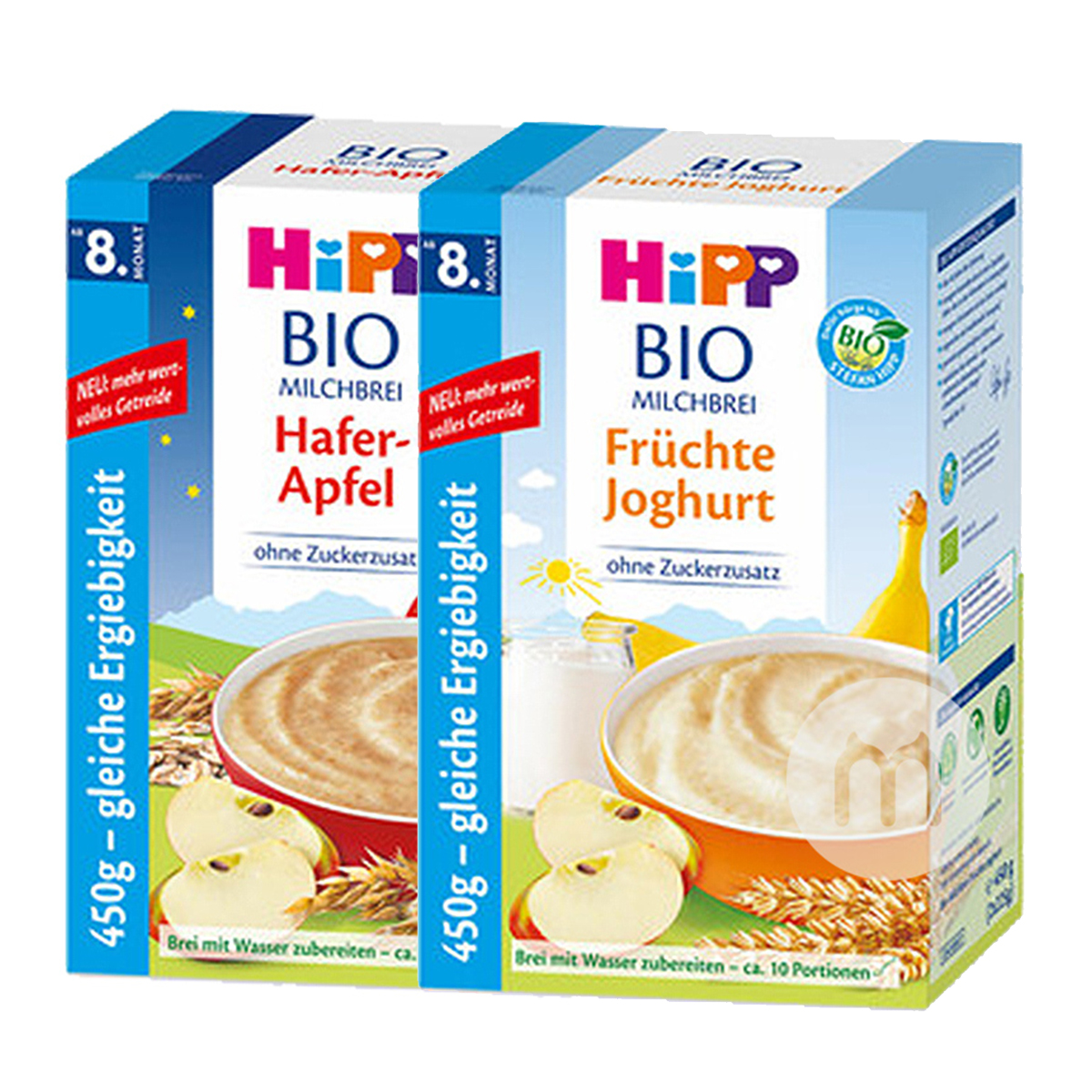 [4 pieces] HiPP German Organic Oatmeal Apple Good Night Rice Noodles*2+Organic Fruit Yogurt Rice Noodles*2 over 8 months