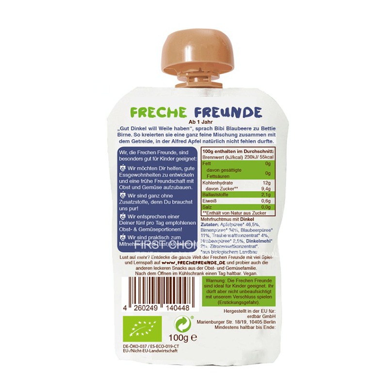 Erdbar Germany  Organic Children`s fruit paste sucking Le apple Pear and blueberry*6 pieces