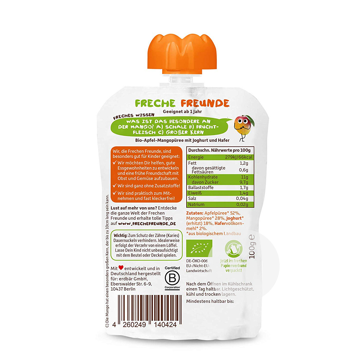 Erdbar Germany  Organic Children`s fruit paste sucking Le yogurt Mango flavor of cereal*6 pieces