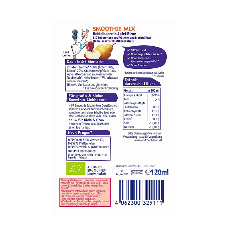 HiPP German Organic Apple Pear Blueberry  Sucking over 12 months old 120g*6