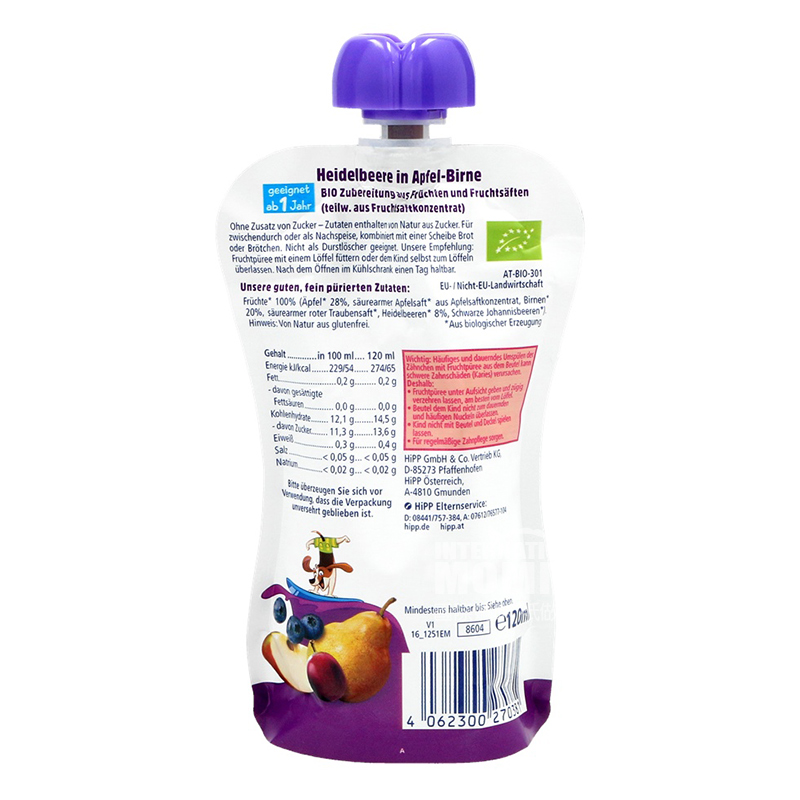 HiPP German Organic Apple Pear Blueberry  Sucking over 12 months old 120g*6