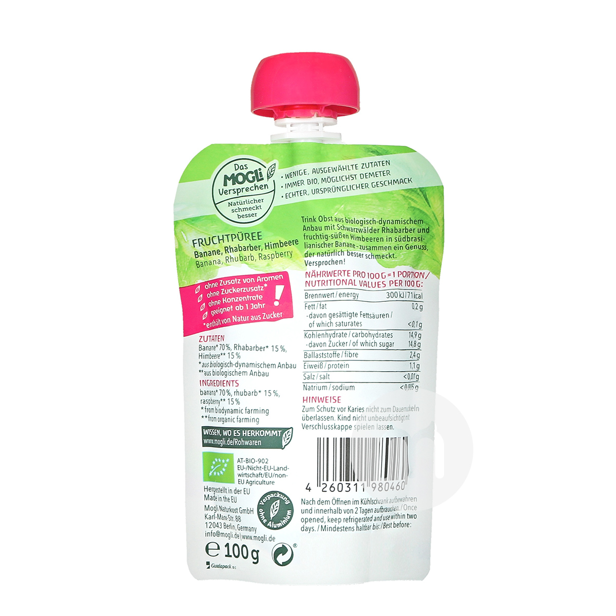 MOGLi German Organic Banana Rhubarb Raspberry Mix Sucking*6