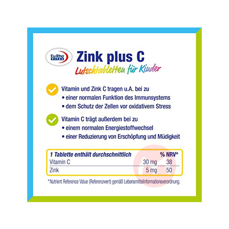 EuRho® Vital German Children's Zinc and Vitamin C Lozenges 60 Tablets Original Overseas